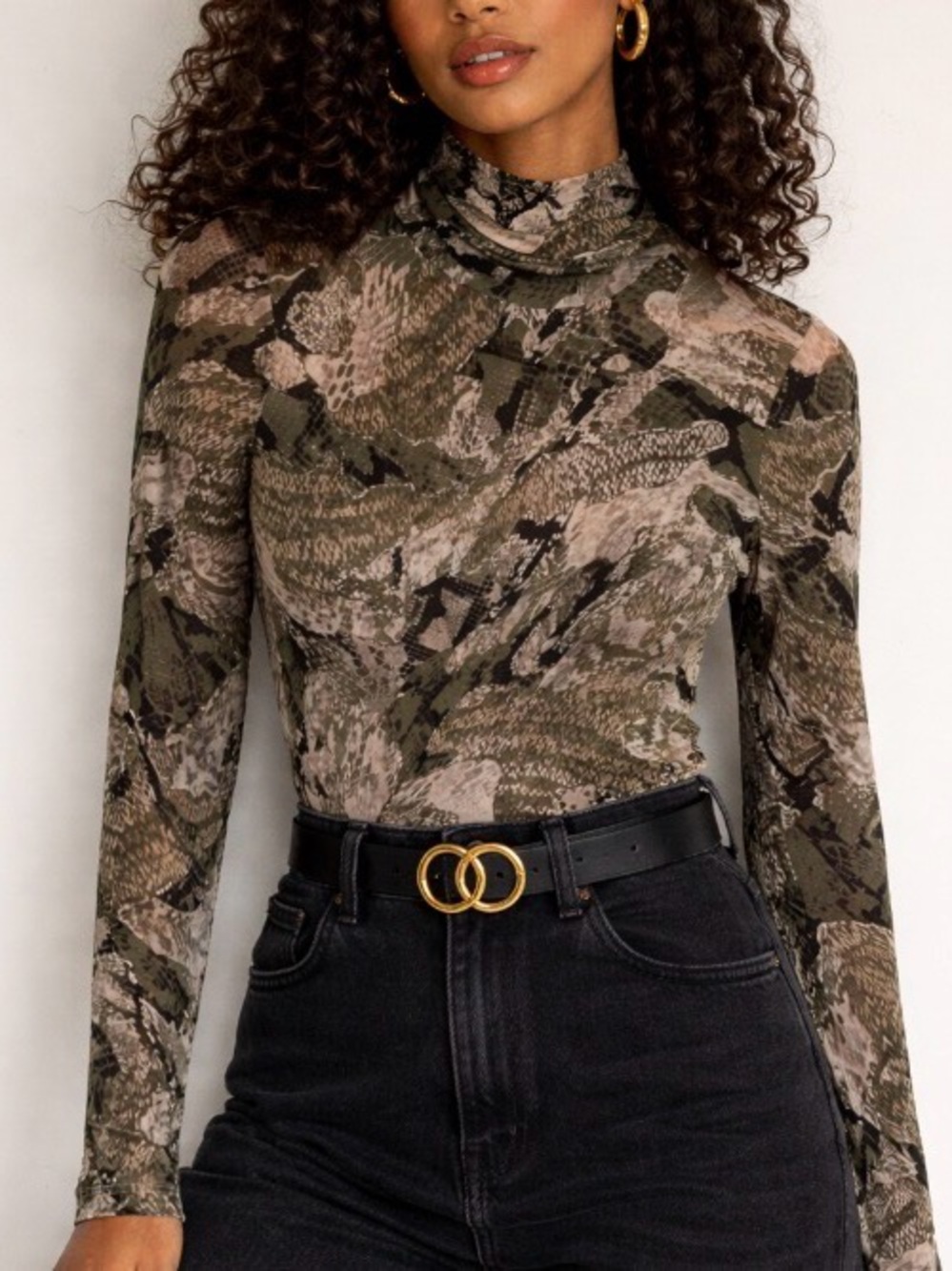 WHBM Green Black and White Snakeskin Print Semi Sheer Long Sleeve Top Size M